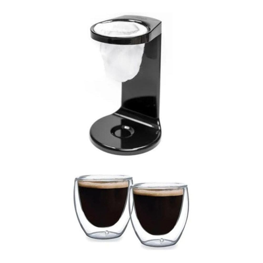 Passador Café Individual Preto Acompanha Filtro + Copo Dupla