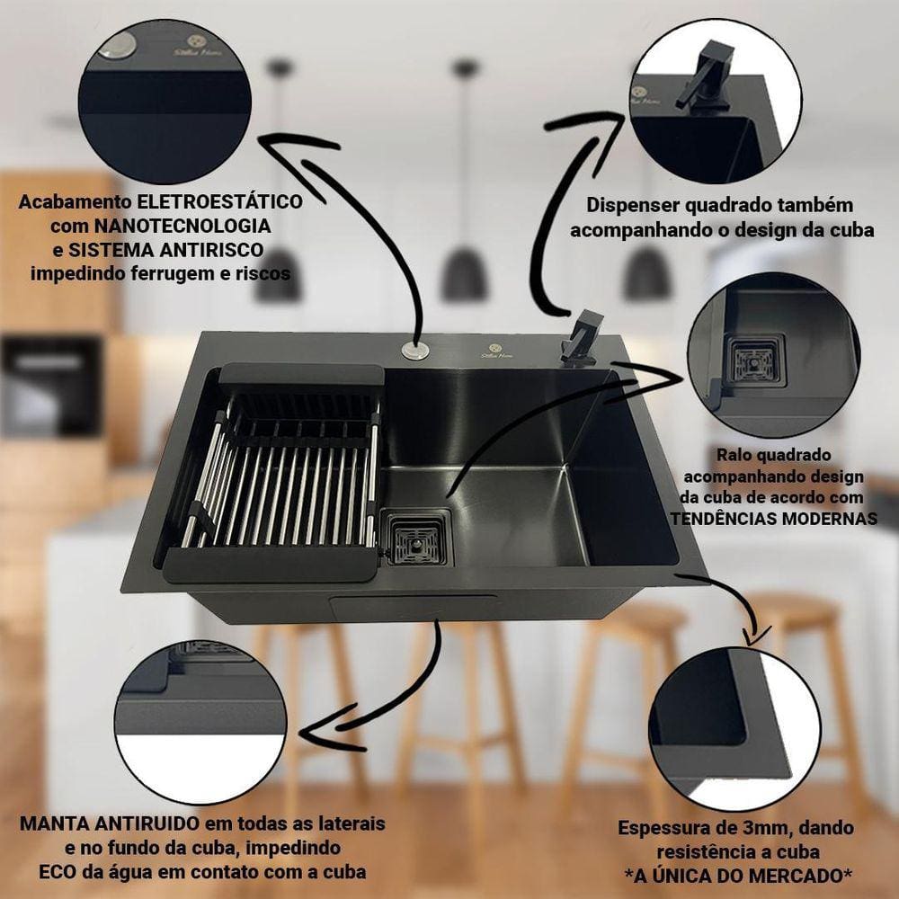 Cuba Gourmet Quadrada Aço Inox 304 Preta 60X40Cm Premium
