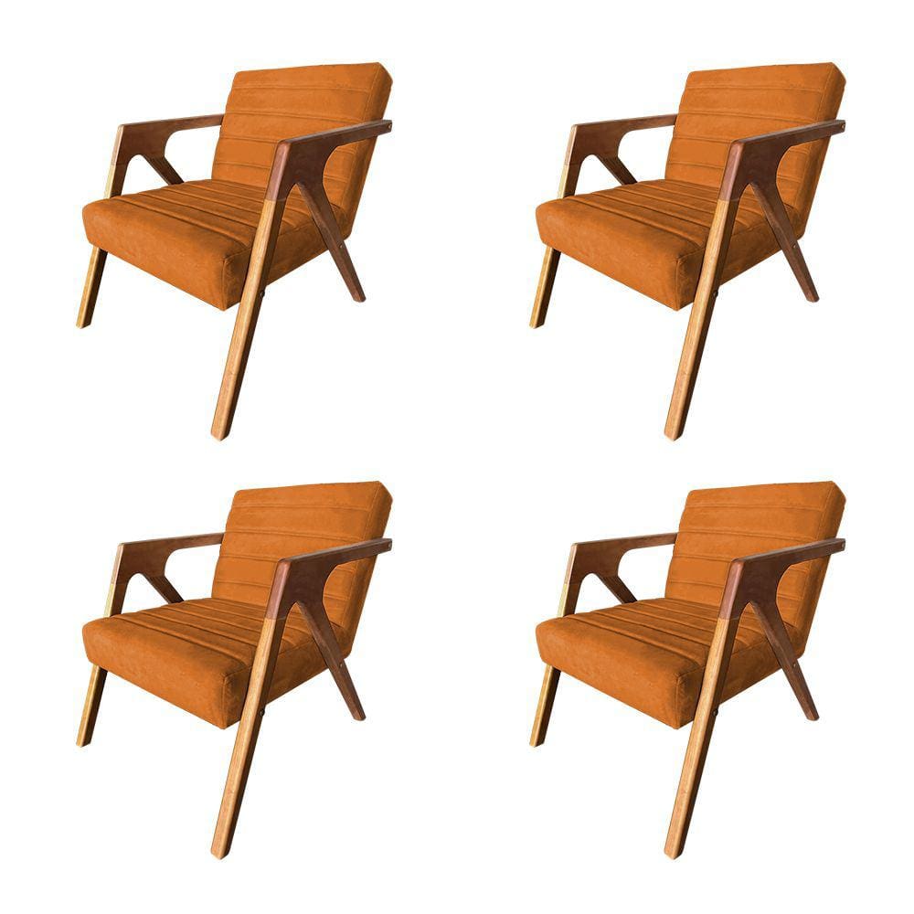 Kit 4 Poltronas Decorativa Ísis em Veludo Laranja Terracota Base em Madeira Maciça