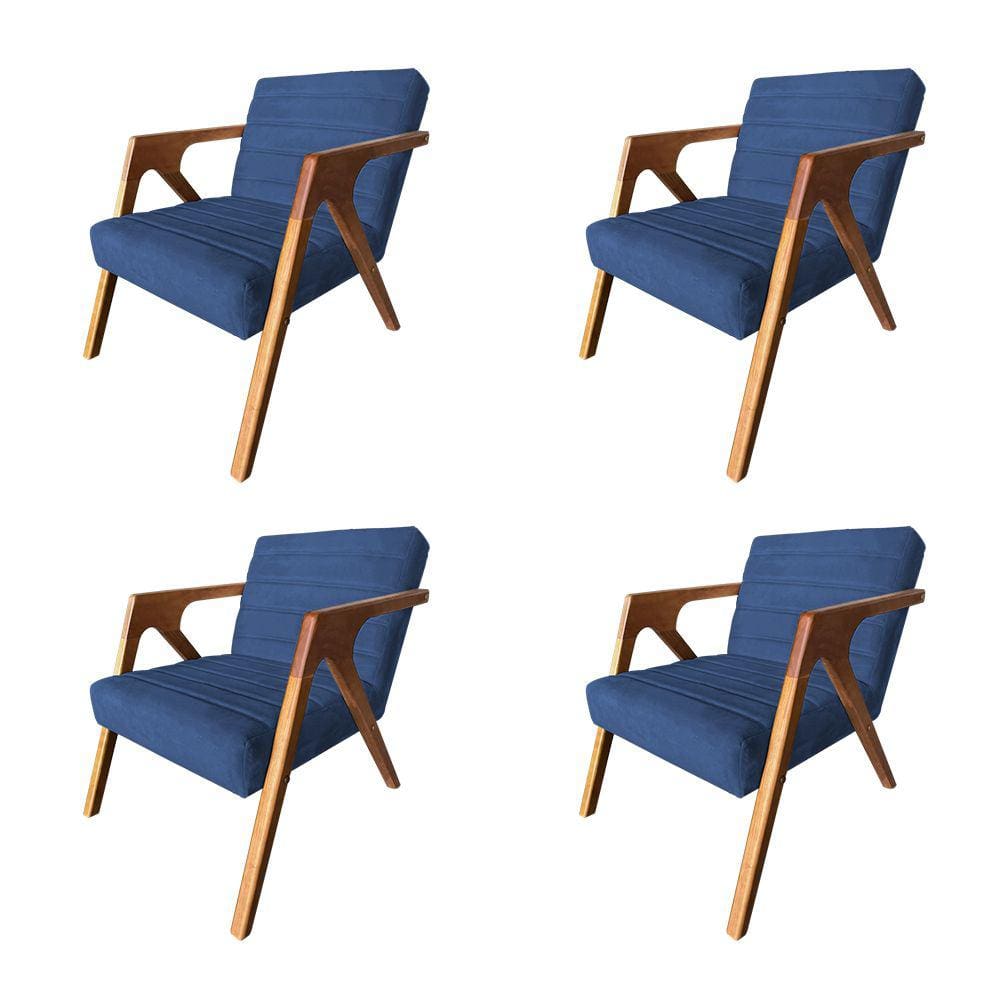 Kit 4 Poltronas Decorativa Ísis em Veludo Azul Base em Madeira Maciça