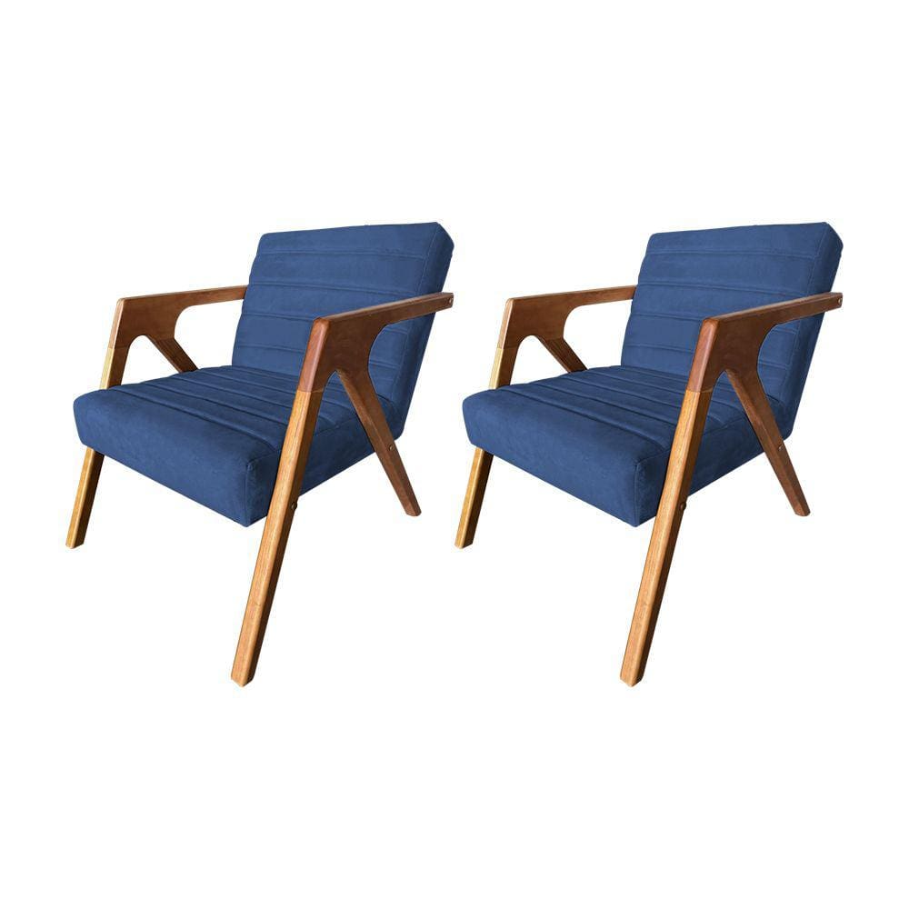 Kit 2 Poltronas Decorativa Ísis Base em Madeira Maciça em Veludo Azul