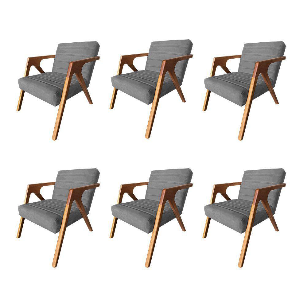 Kit 6 Poltronas Decorativa Ísis em Veludo Cinza Base em Madeira Maciça