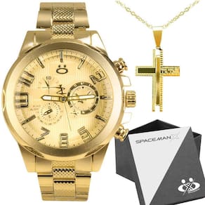 Relogio Masculino Dourado Aço Inox + Caixa Pesado Analogico