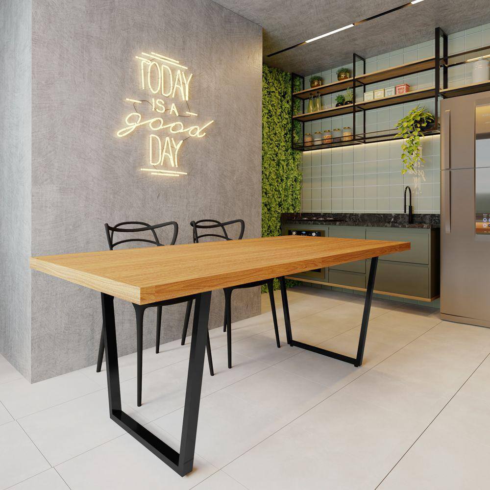 Mesa Industrial para Ambiente Biofílico Madeira Maciça Lanna com Ferragem 2,20m Preto
