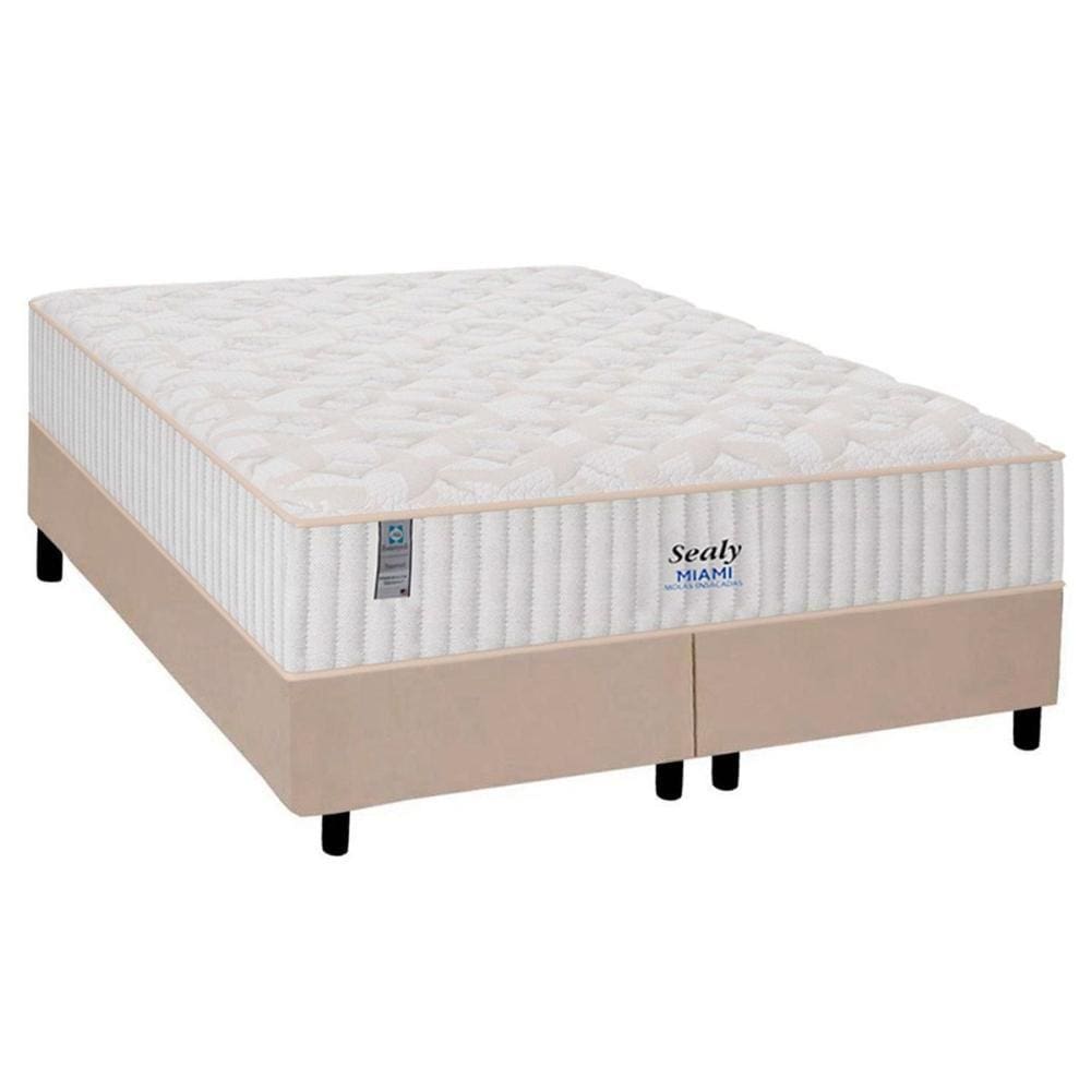 Cama Box King: Colchão Molas Sealy MasterPocket Ensacadas Miami + Base CRC Suede Bege(193x203)