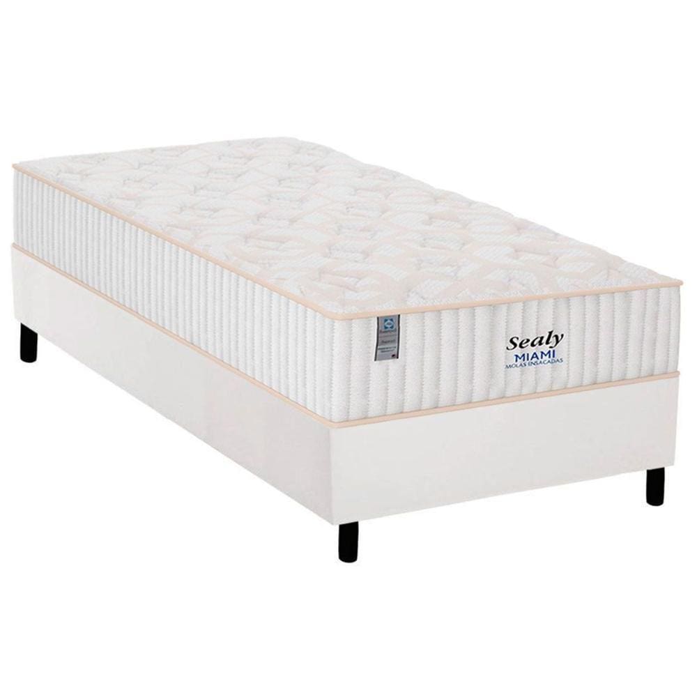 Cama Box Solteiro: Colchão Molas Ensacadas Sealy MasterPocket Miami + Base CRC Courano White(88x188)