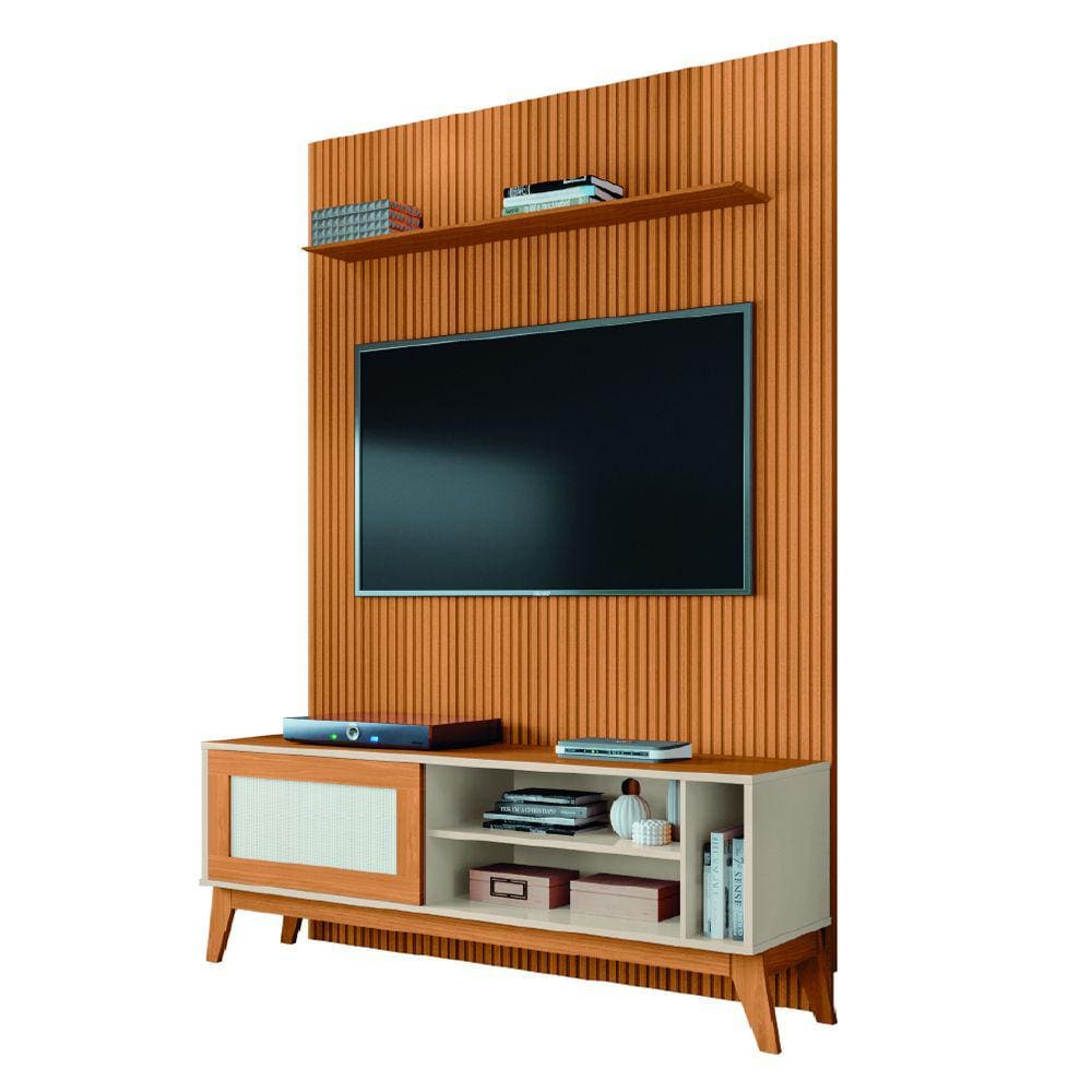 Rack Bancada Caribe Com Painel Para TV Até 55 Polegadas 1,35m Egeo Cedro/Off White Ripado Impressão 3D EDN