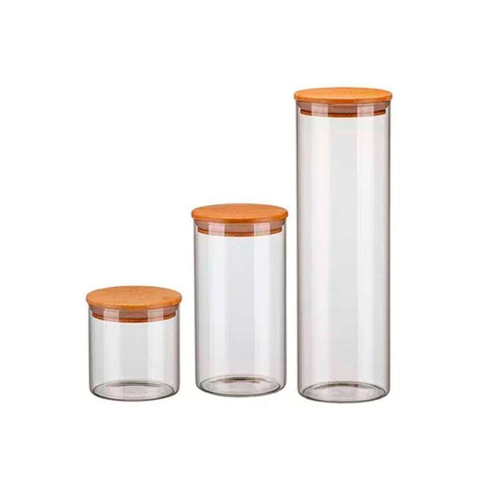 Kit 3 Potes Vidro Porta Condimentos Tampa Madeira Bambu