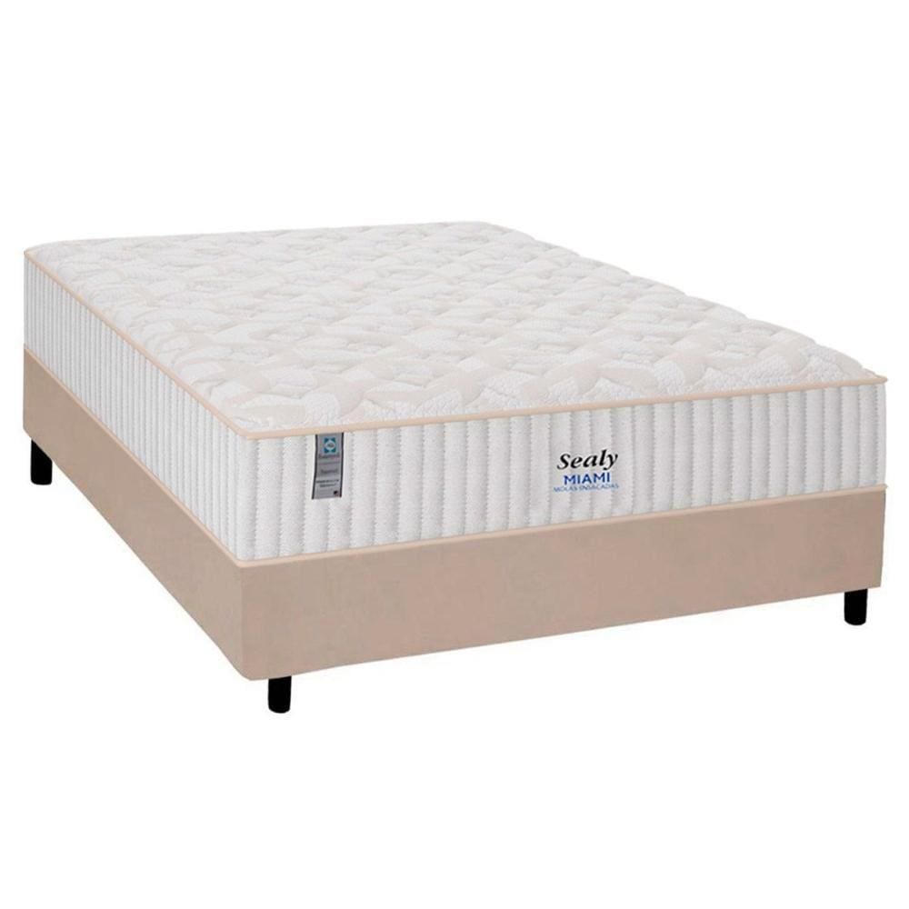 Cama Box Casal: Colchão Molas Sealy MasterPocket Ensacadas Miami + Base CRC Suede Bege(138x188)