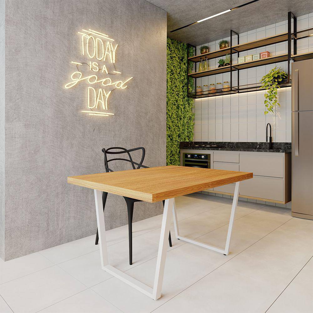 Mesa Industrial para Ambiente Biofílico Madeira Maciça Lanna com Ferragem 1,20m Branco