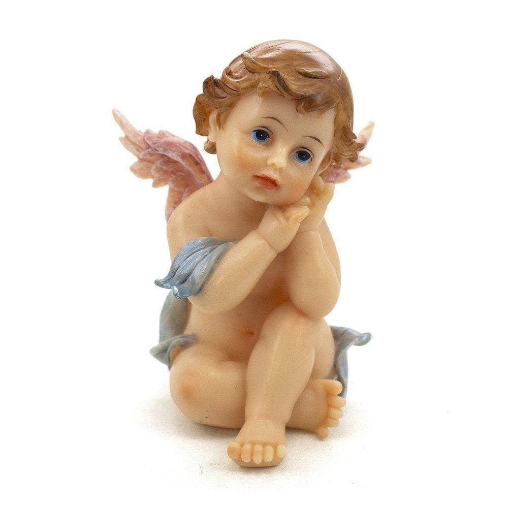 Imagem Anjo Da Guarda Sentado Azul Importado Resina 13 Cm