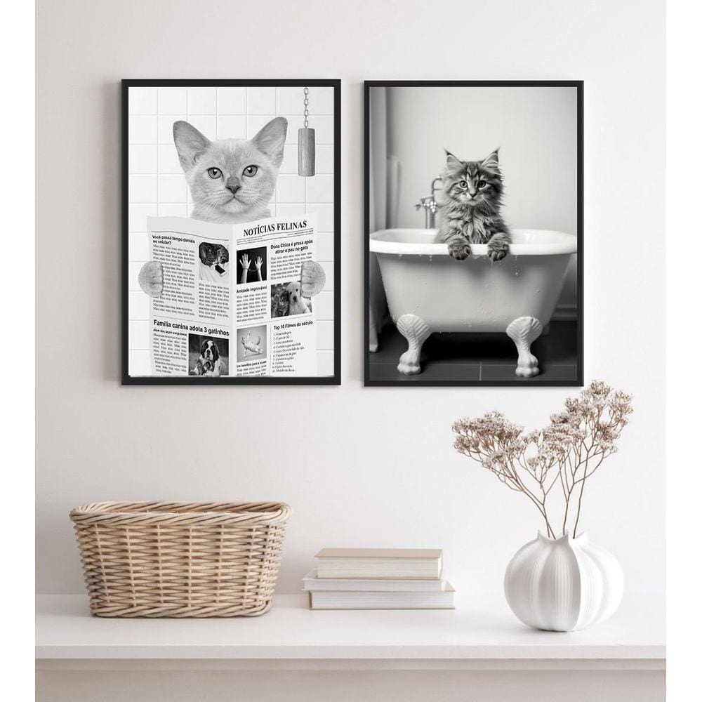 Kit 2 Quadros Decorar Banheiro- Gatos 24X18Cm - Com Vidro