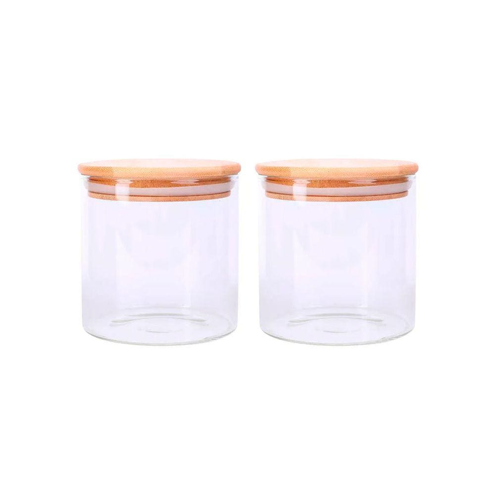 Kit 2 Potes de Vidro 500ml Com Tampa de Madeira Bambu Porta Condimentos