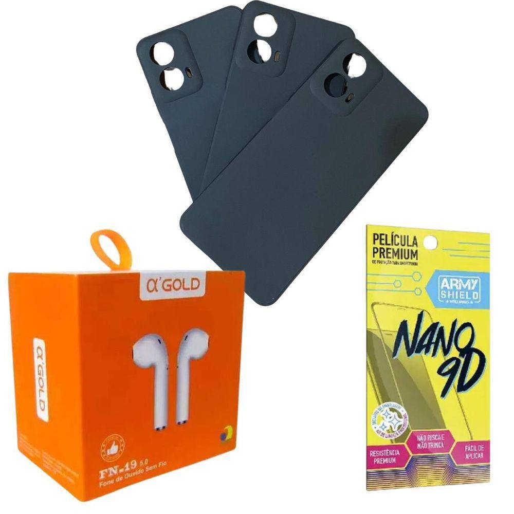 Kit Capinha Preto Moto G34 + Fone Bluetooth + Pelicula 9D