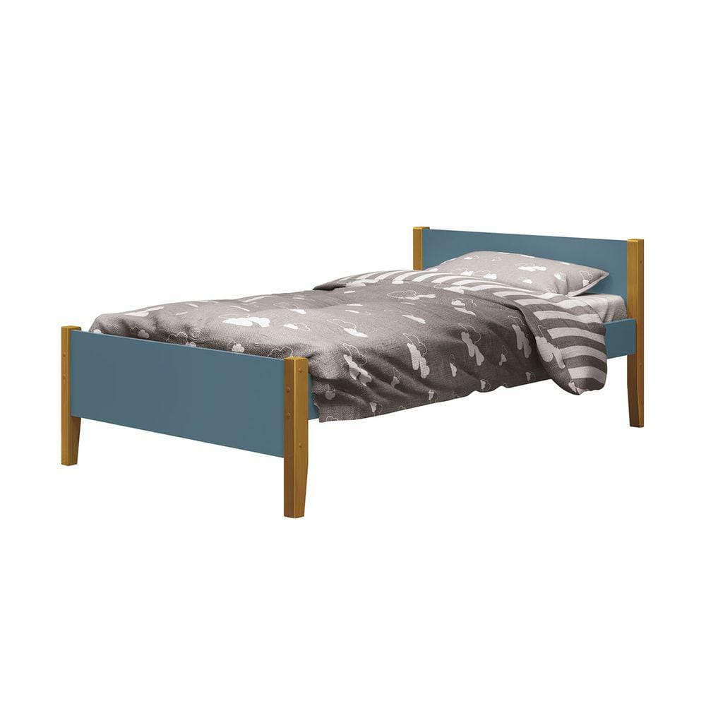 Cama Solteiro Simba Azul Fosco com Pés em Madeira - Reller