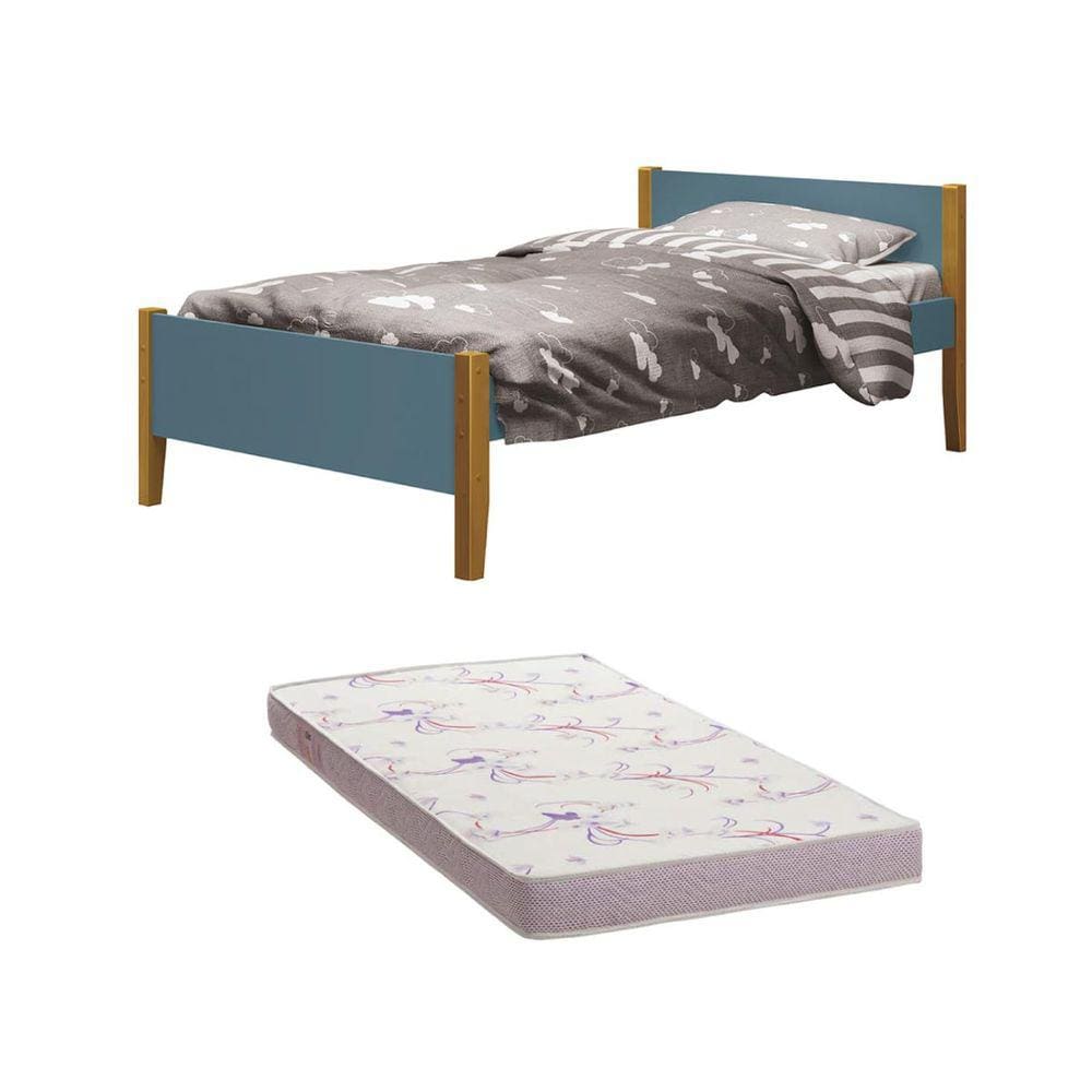 Cama Solteiro Simba Azul Fosco com Pés em Madeira com Colchão D20 188 x 88 x 12 cm - Reller