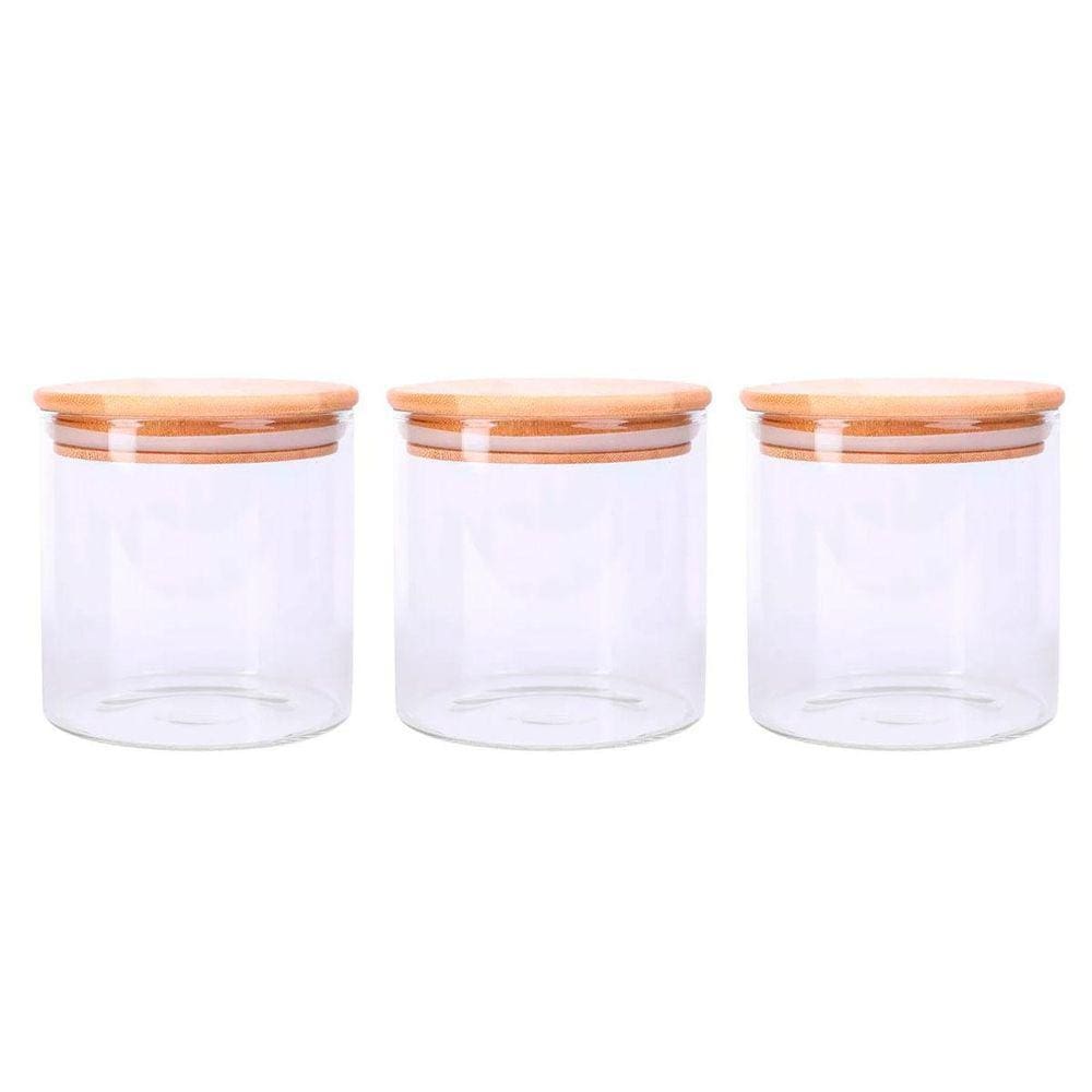 Conjunto 3 Potes Vidro 500Ml Tampa Madeira Bambu Porta