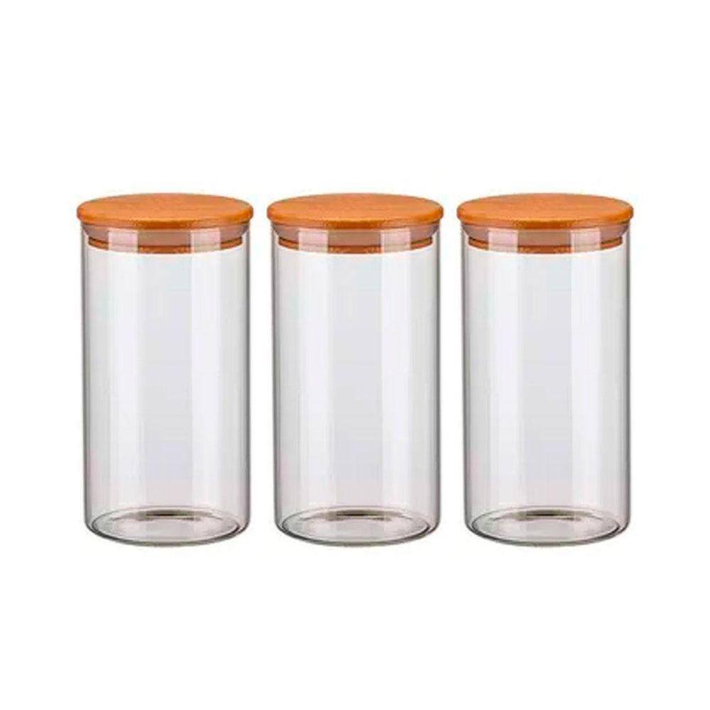 Kit 3 Potes Vidro Hermético 1300Ml Tampa Madeira Bambu Porta
