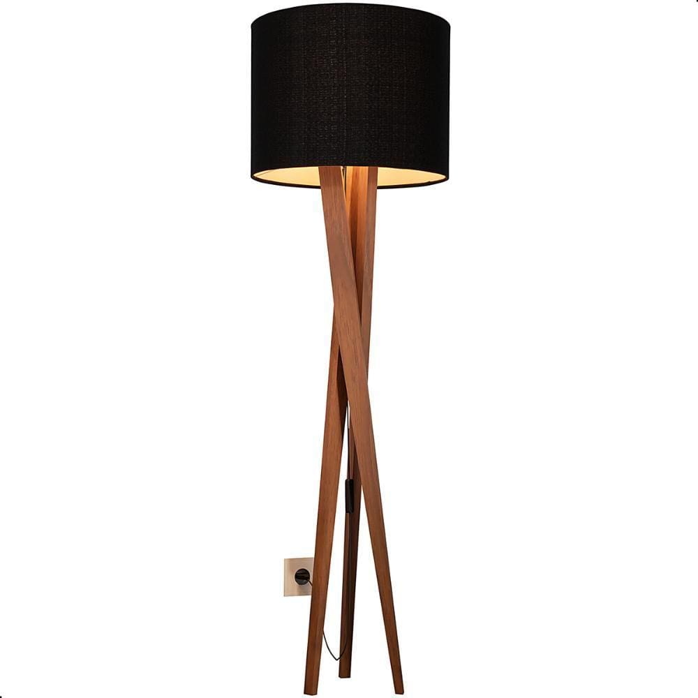 Luminária de Chão Paris com Pés de Madeira e Tecido Sapucaia Preto 158cm