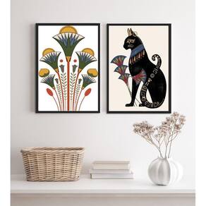 Kit 2 Quadros Egípcios Gato Bastet E Flor Lotus 24X18Cm