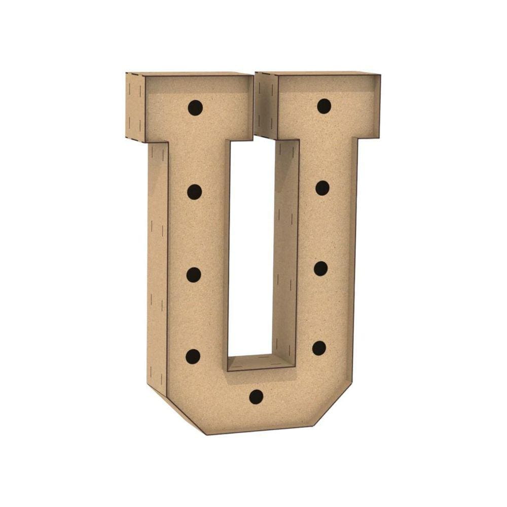 Letra Caixa Grande U Mdf 90Cm Altura Furo Lampada Iluminação