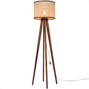 Luminária de Chão Madri com Pés de Madeira e Tela Indiana Borda Marrom 158cm