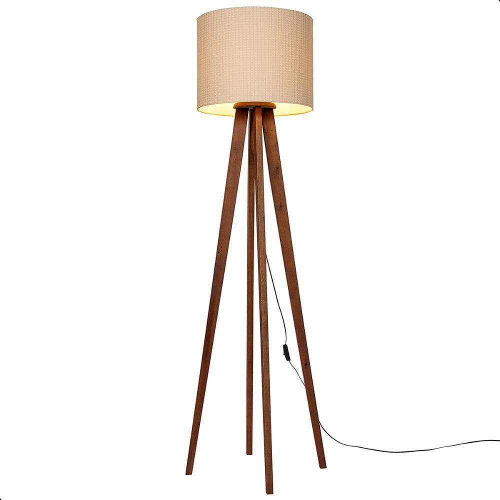 Luminária de Chão Madri com Pés de Madeira e Tecido Tramê Bege 158cm