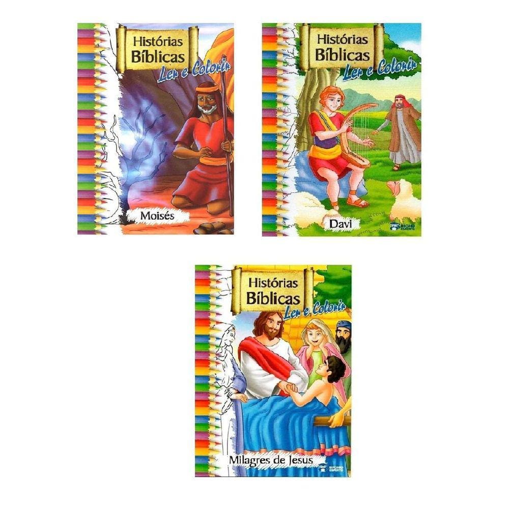Kit 3 Livros De Histórias Bíblicas Para Ler E Colorir