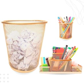 Kit Organizador, Porta Caneta E Lixeira Escritório Dourado