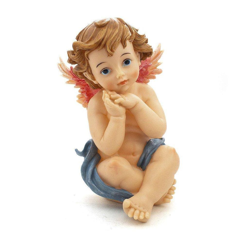 Imagem Anjo Da Guarda Sentado Azul Importado Resina 23 Cm