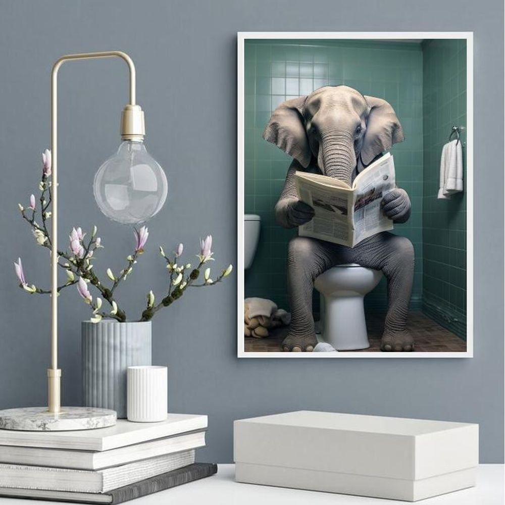 Quadro Elefante No Banheiro Lendo Jornal 45X34Cm