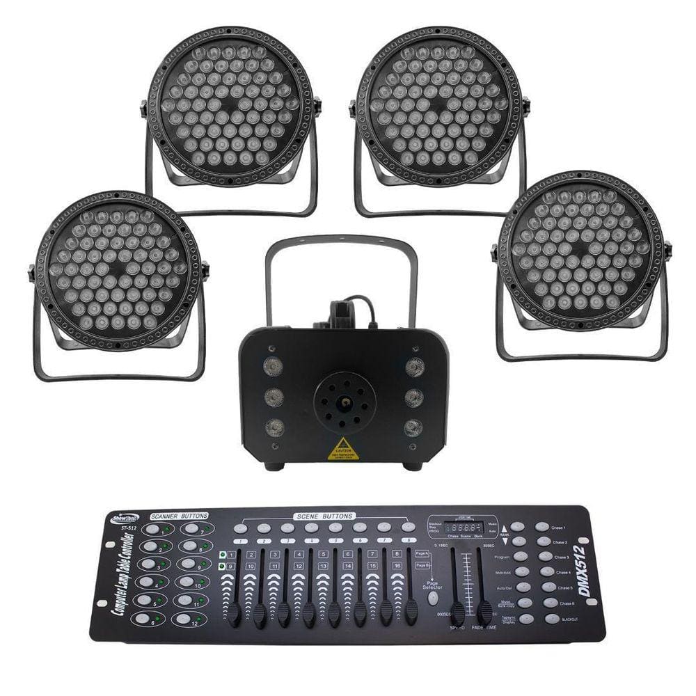 Kit 4 Par Led 3 Em 1 + Máq. De Fumaça 1200W + Mesa Dmx 512