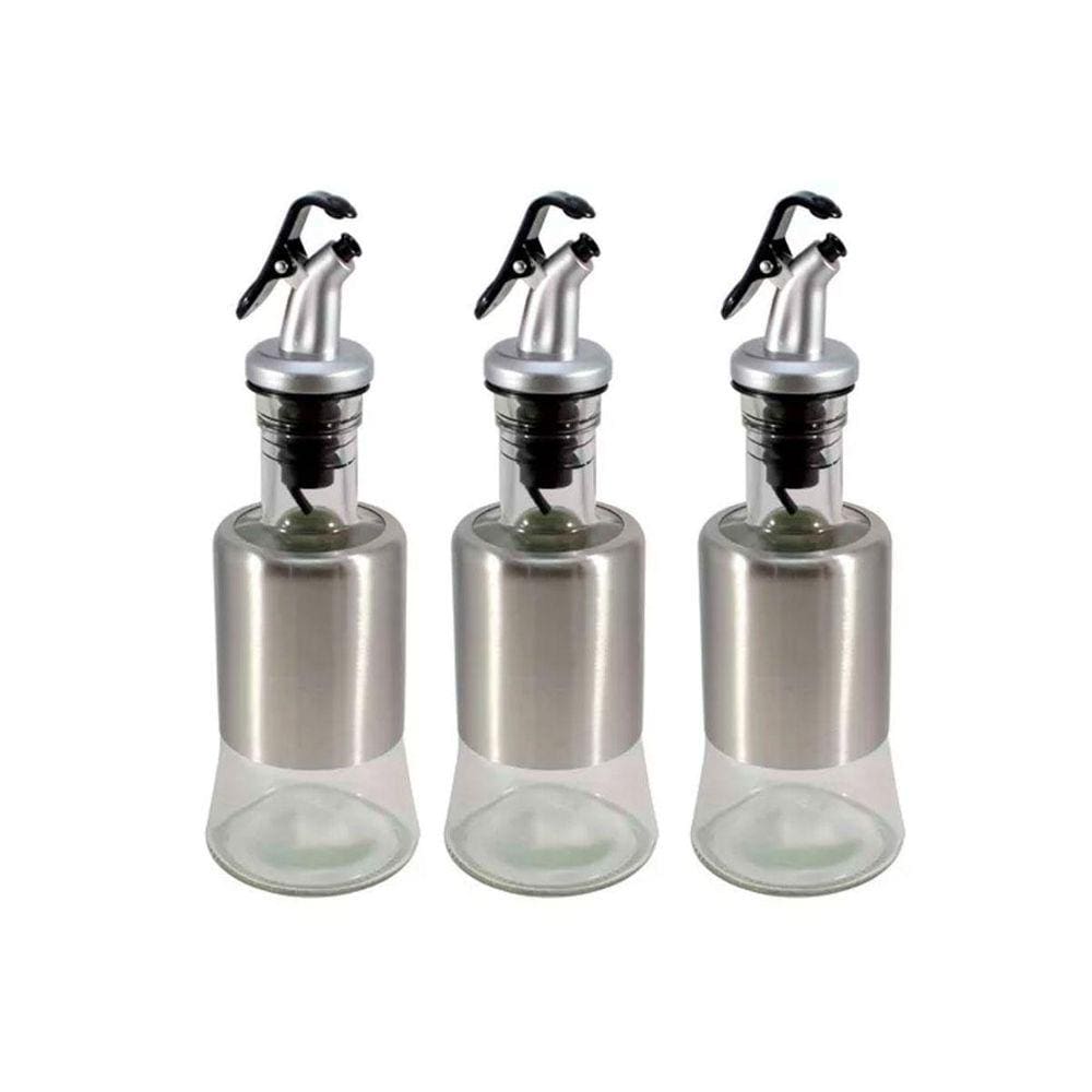 Kit 3 Azeiteiro Vinagreiro Recipiente Em Vidro E Inox Bico