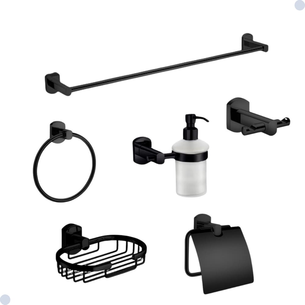 Kit Acessórios Para Banheiro Redondo Metal Preto Fosco 6 Peças