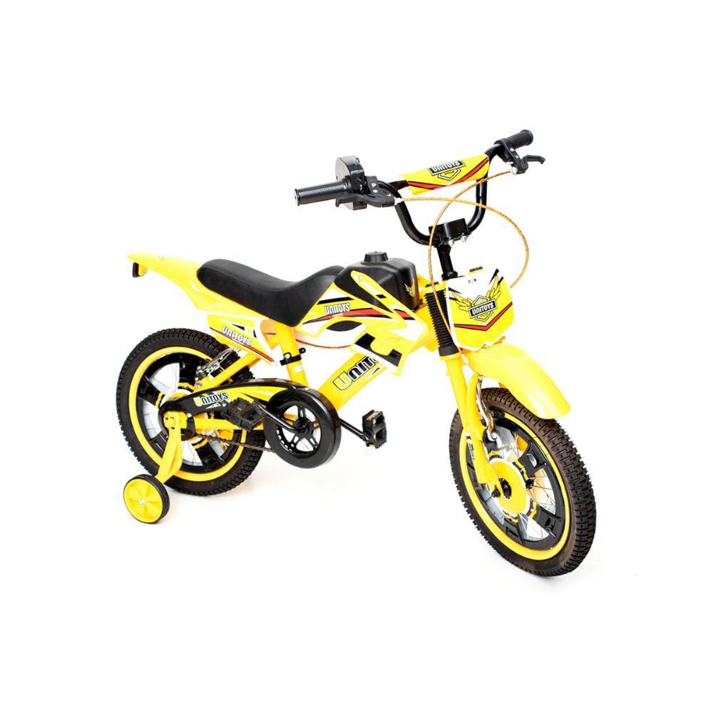 Bicicleta infantil com som de moto aro 16 Amarela Motocross Uni Toys