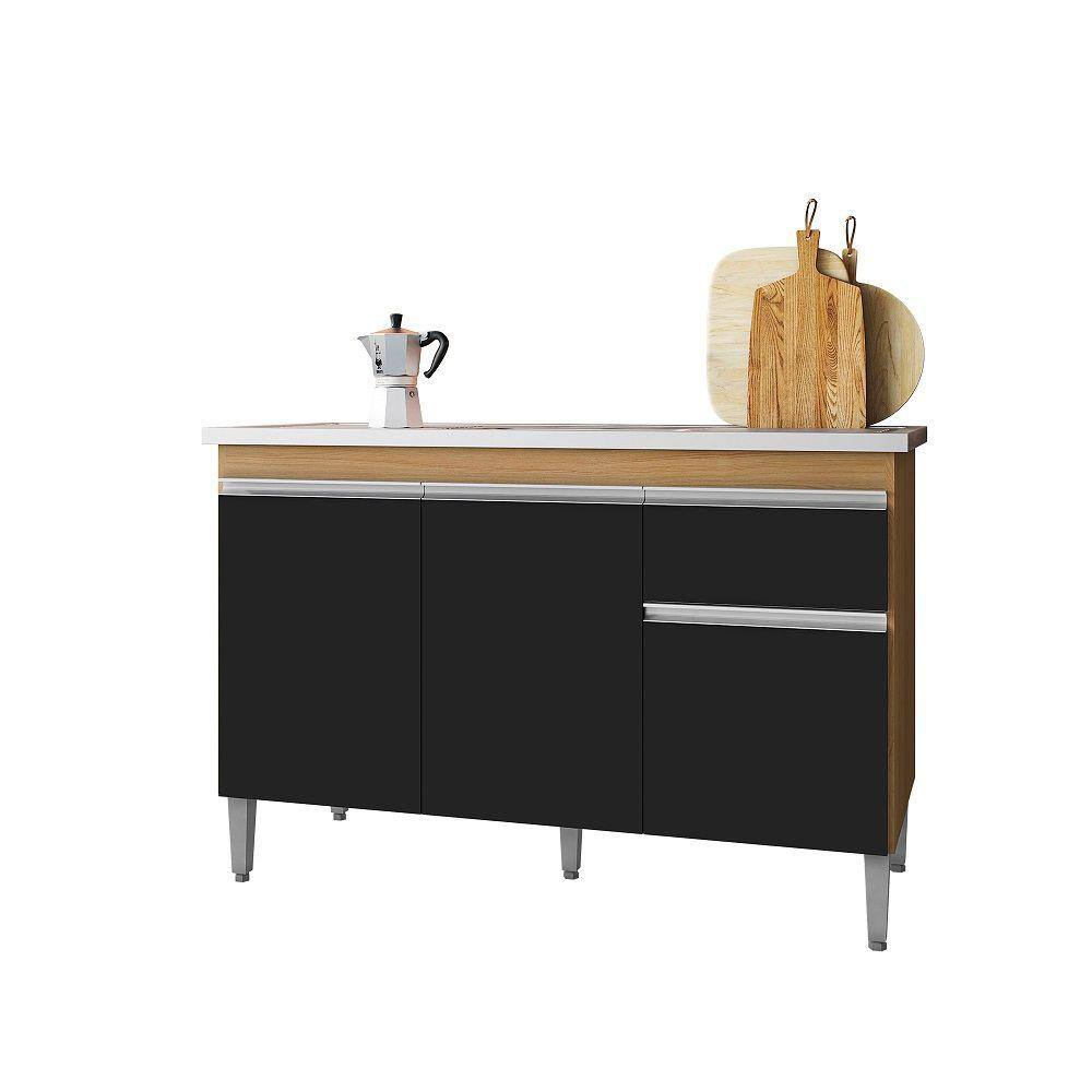 Balcão Gabinete de Pia Tatiane 120cm Amêdoa/Preto S/Tampo - AJL Móveis