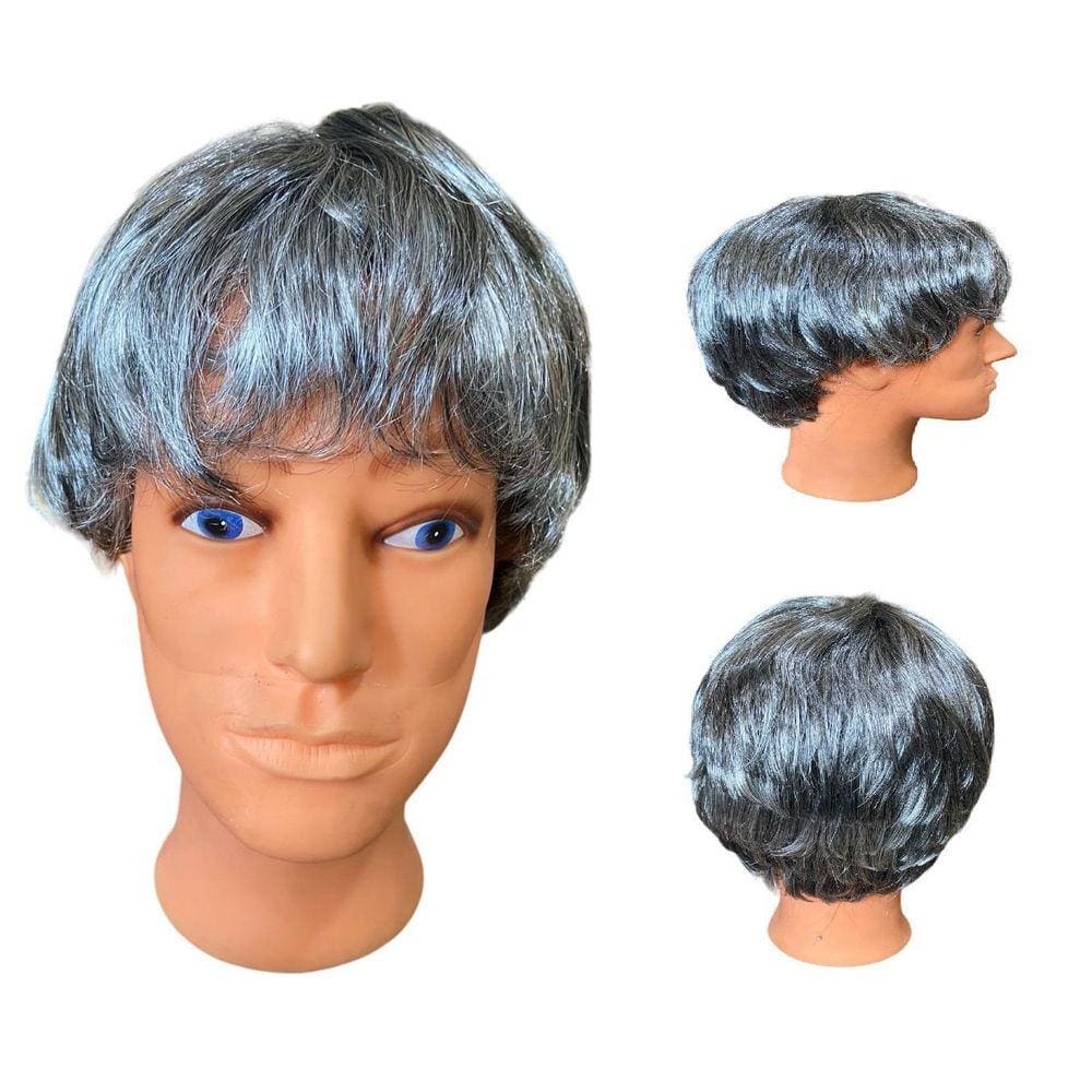 Peruca Curta Sintética Grisalha Escura Feminina/ Masculina