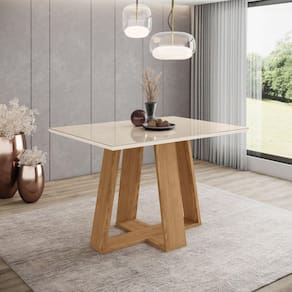 Mesa de Jantar para 4 Lugares 120cm Tampo Mdf e Vidro Canto Reto Lins Off White