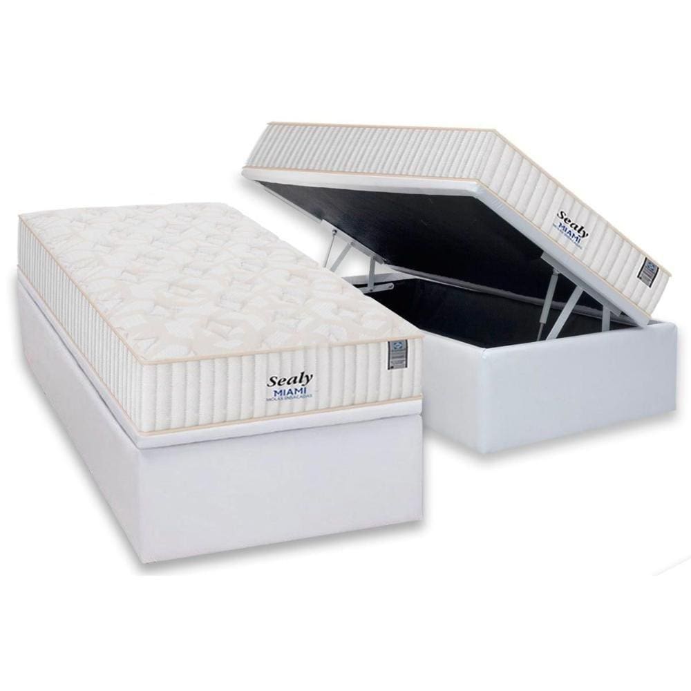 Cama Box Baú Solteiro: Colchão Molas Ensacadas Sealy MasterPocket Miami + Base CRC Courano White(88x188)