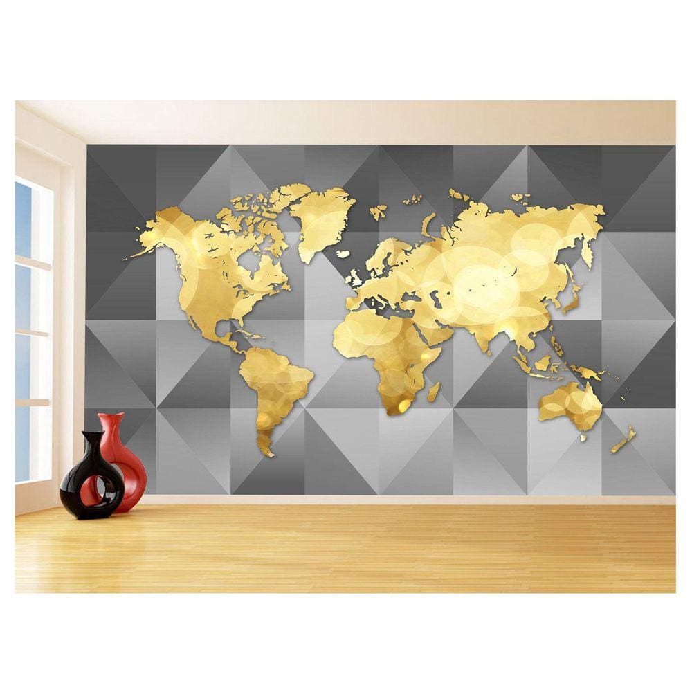 Papel De Parede 3D Mapa Mundi Moderno Cinza Ouro 3,5M Nmu73