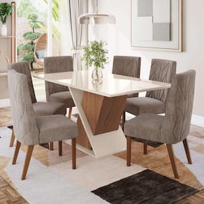 Conjunto Sala Jantar Letícia Mesa 160 Cm Canto Reto com Vidro 6 Cadeiras Espresso Móveis Marrom/Off White/Linho
