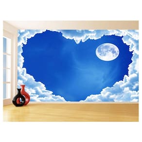 Papel De Parede 3D Céu Azul Nuvens Lua Coração 3,5M Nsk125