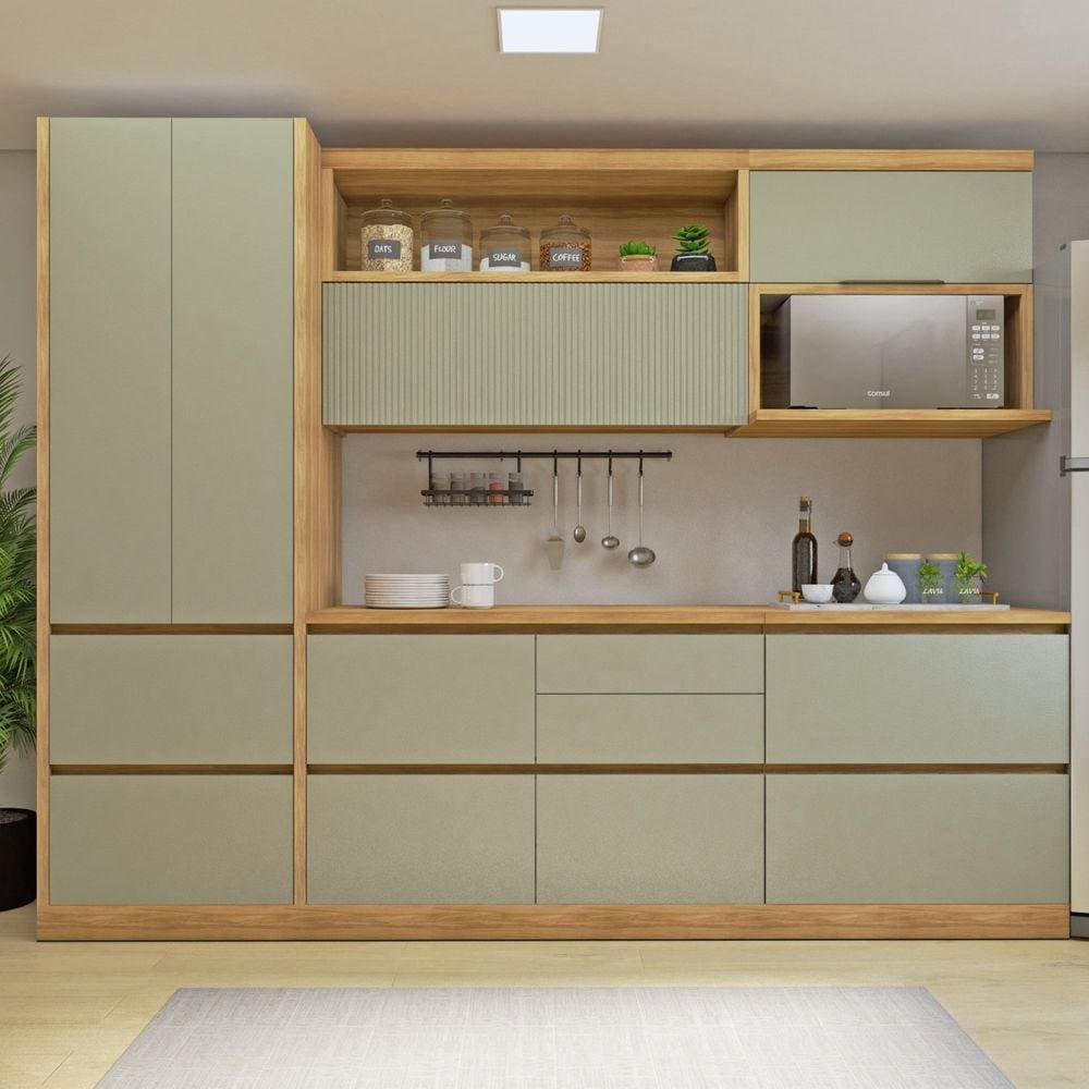 Cozinha Millena 5 Peças Aereo Micro-ondas 100% Mdf Yescasa Marrom/Verde