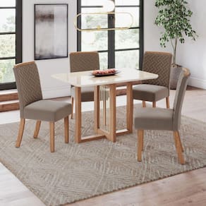 Conjunto Érika Mesa 120 Cm Canto Arredondado com Vidro 4 Cadeiras Espresso Móveis Marrom/Off White/Marrom Amêndoa