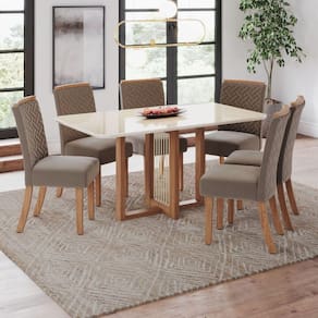 Conjunto Érika Mesa 160 Cm Canto Arredondado com Vidro 4 Cadeiras Espresso Móveis Marrom/Off White/Marrom Amêndoa