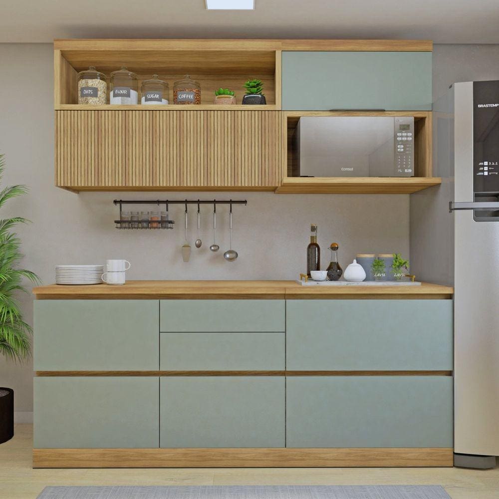 Cozinha Millena 4 Peças Aereo Micro-ondas 100% Mdf Yescasa Marrom/Verde