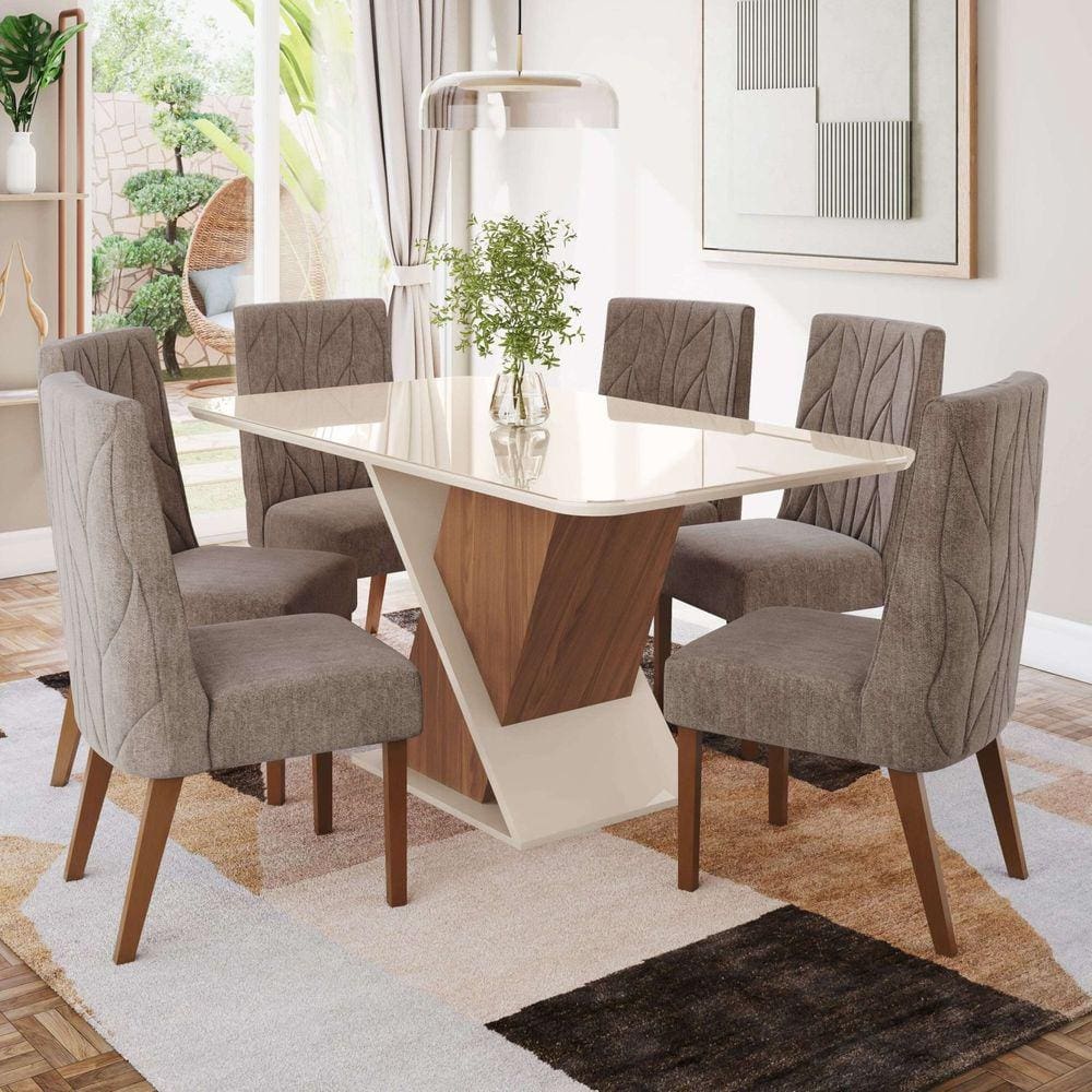 Conjunto Sala Jantar Letícia Mesa 160 Cm Canto Arredondado com Vidro 6 Cadeiras Espresso Móveis Marrom/Off White/Linho
