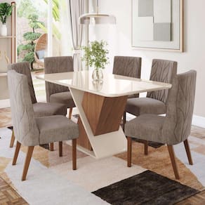 Conjunto Sala Jantar Letícia Mesa 160 Cm Canto Arredondado com Vidro 6 Cadeiras Espresso Móveis Marrom/Off White/Linho
