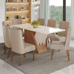 Conjunto Sala Jantar 200cm Canto Arredondado com Vidro 8 Cadeiras Tainá Marrom/Off White/Creme