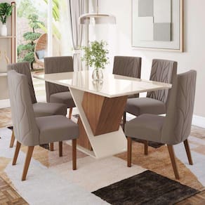 Conjunto Sala Jantar Letícia Mesa 160 Cm Canto Reto com Vidro 6 Cadeiras Espresso Móveis Marrom/Off White/Marrom Amêndoa